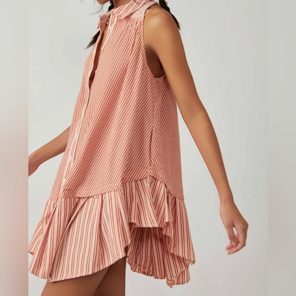 Free People Be Real Mini Dress Buttondown High Low Cotton Striped XS 265834 - Picture 5 of 7